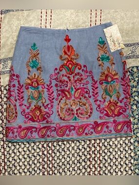 entro Boho Chambray Lined Mini Skirt Heavily  Embroidered Western Festival NWT